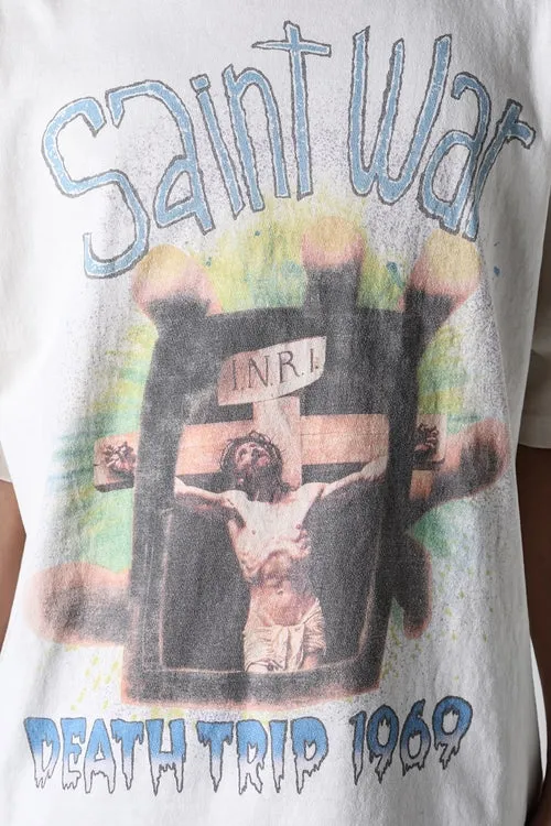 SAINT MICHAEL SAINT WAR TEE/WHAT new style Jesus cross retro short-sleeved, off-white S-XL, ready-to-wear, washed and distressed, printed repeatedly and modified, tube-woven seamless fabric, with little angel anti-counterfeiting label